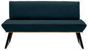 Moderne Bank mit dunkelgrünem Stoffbezug und Holzbeinen, Frontalansicht