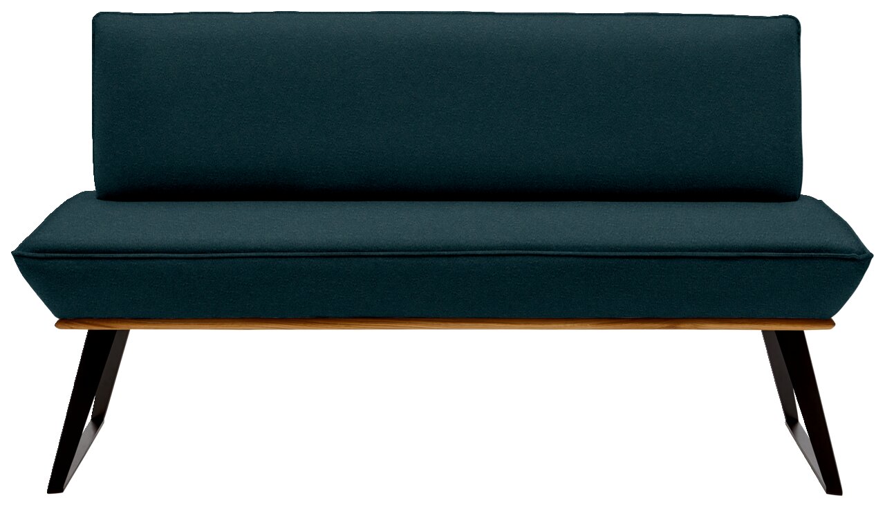 Moderne Bank mit dunkelgrünem Stoffbezug und Holzbeinen, Frontalansicht