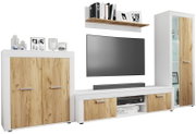 Wohnwand-Set im modernen Design mit weißem Korpus und Türen in Eiche-Optik, bestehend aus Sideboard, TV-Lowboard, Wandregal und Vitrine mit Glaseinsatz, frontal in leichter Schrägansicht von vorn dargestellt