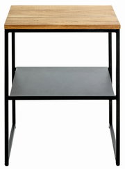 Moderner Beistelltisch mit Holzplatte und schwarzem Metallgestell, Frontalansicht