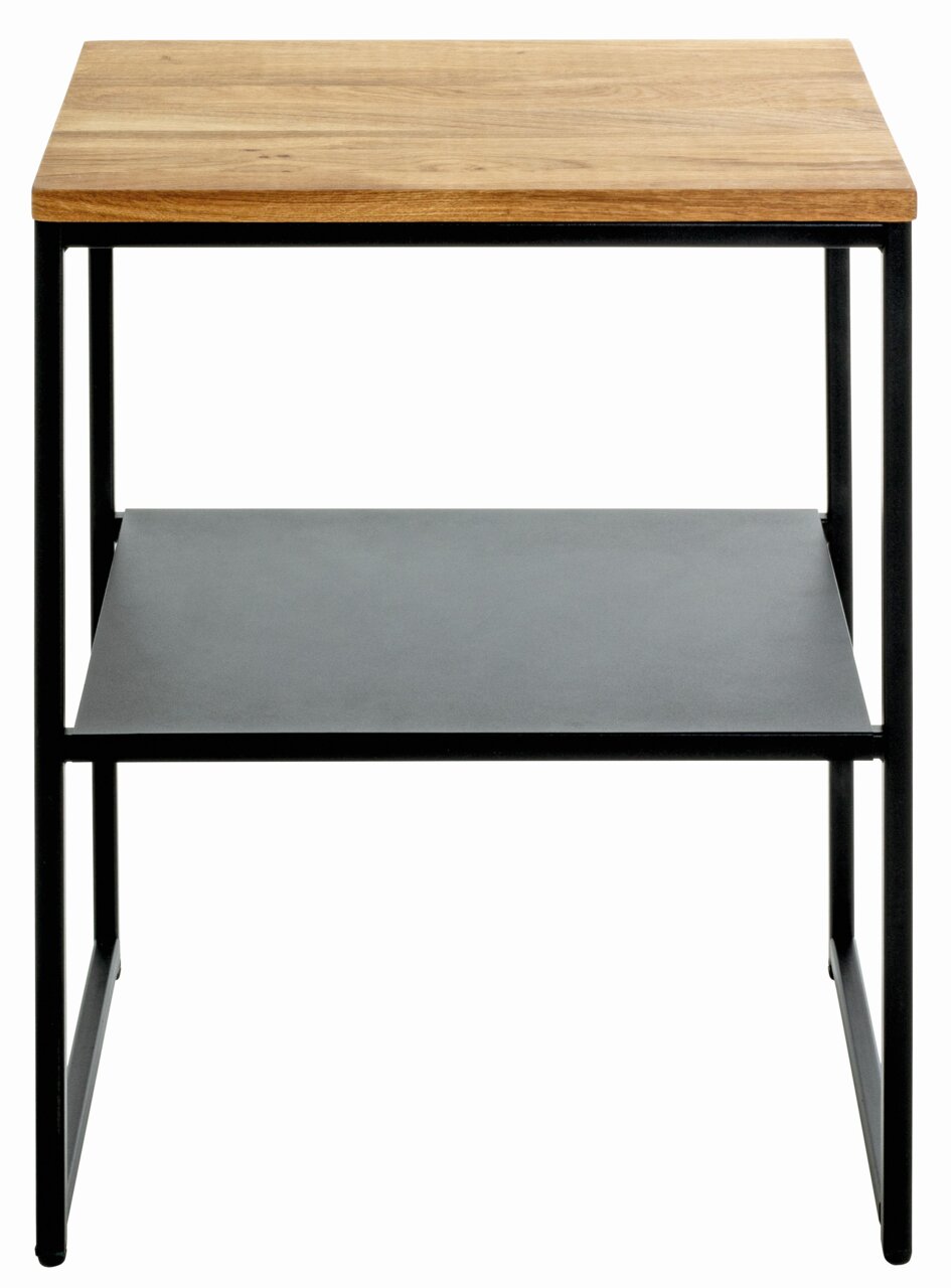 Moderner Beistelltisch mit Holzplatte und schwarzem Metallgestell, Frontalansicht