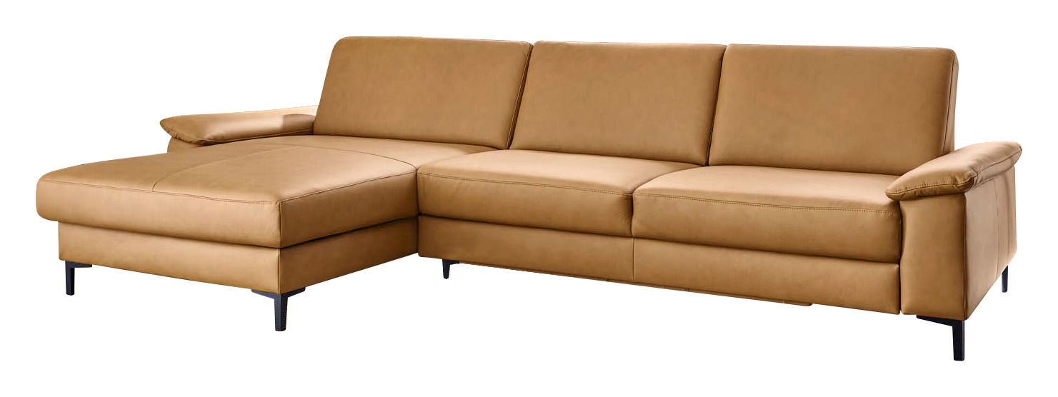 Braune Longchairkombination aus Leder mit drei Sitzplätzen und einer linken Armlehne, seitliche Perspektive