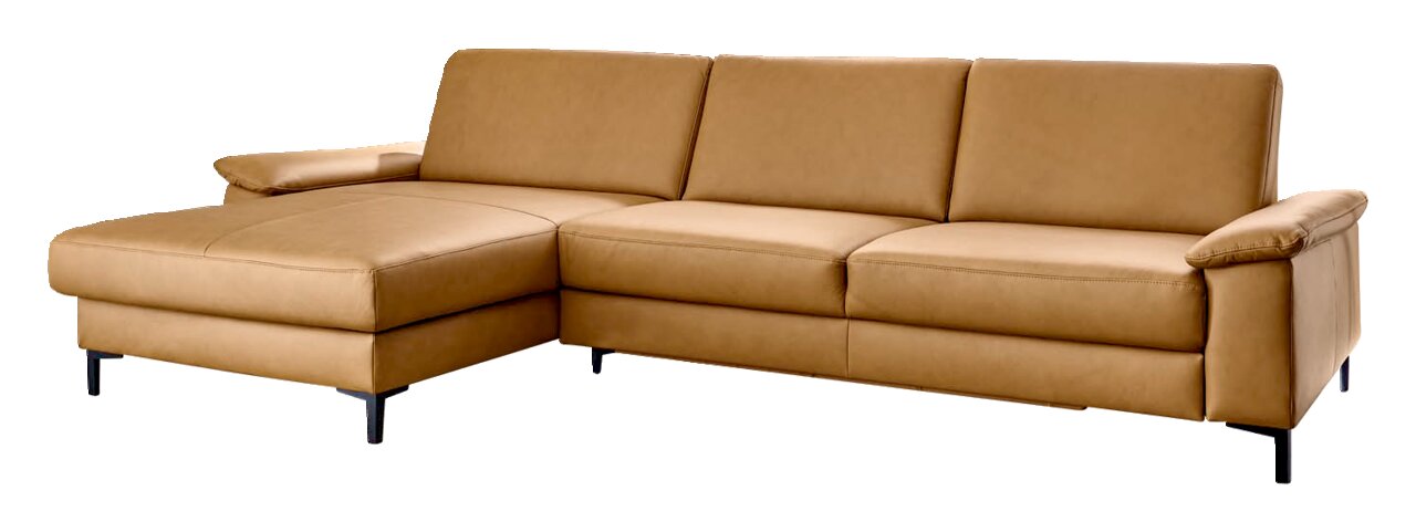 Braune Longchairkombination aus Leder mit drei Sitzplätzen und einer linken Armlehne, seitliche Perspektive