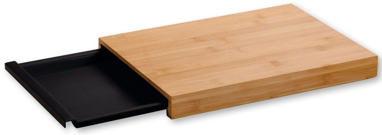 Schneidebrett aus Holz mit herausziehbarer Auffangschale, seitliche Perspektive
