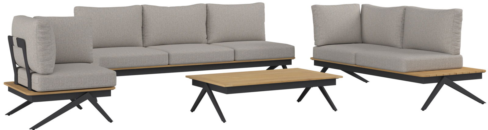 Moderne Loungegarnitur mit grauen Polstern und einem Holztisch, seitliche Perspektive