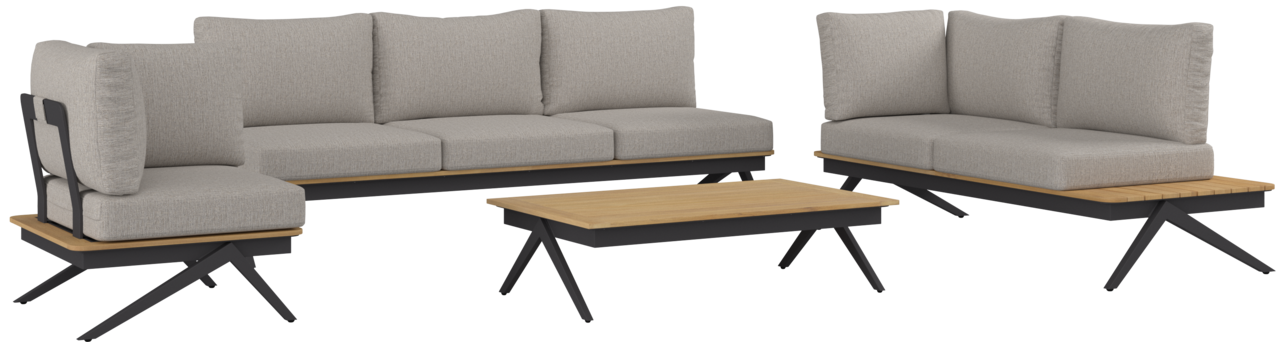 Moderne Loungegarnitur mit grauen Polstern und einem Holztisch, seitliche Perspektive