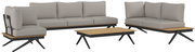 Moderne Loungegarnitur mit grauen Polstern und einem Holztisch, seitliche Perspektive