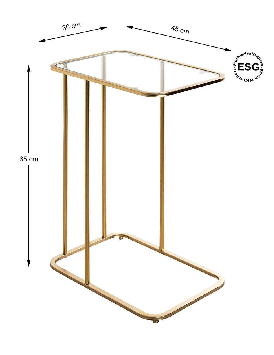 Goldfarbener Beistelltisch mit rechteckiger ESG-Glasplatte (45 x 30 cm) und Metallgestell, Höhe 65 cm, freigestellt auf weißem Hintergrund, Perspektive: leicht von oben schräg von vorn.
