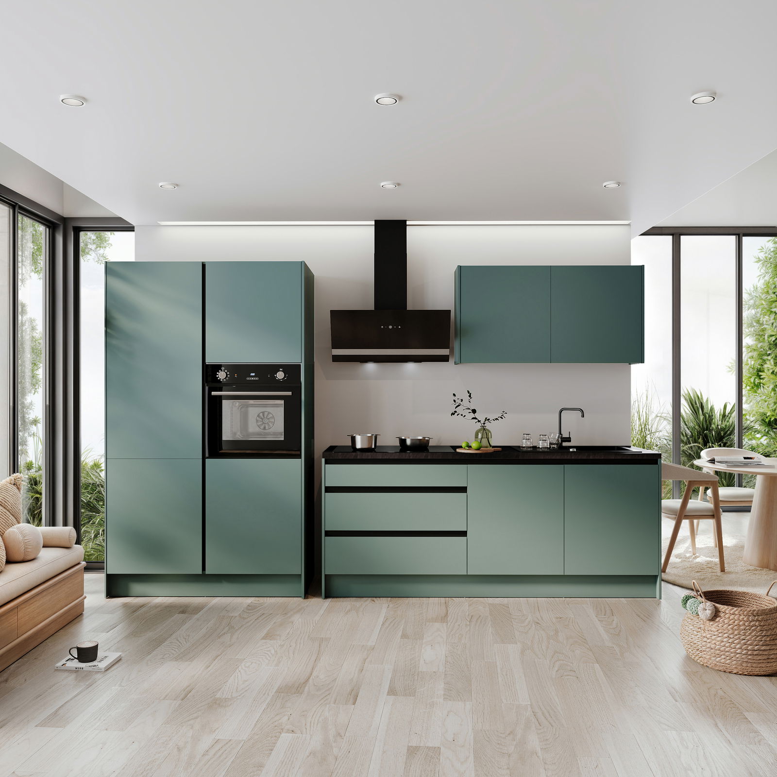 Moderne Küchenzeile in grüner Farbe, ohne Elektrogeräte, mit Blick von vorne. Enthält Schränke, Schubladen und eine Arbeitsplatte mit Spüle.