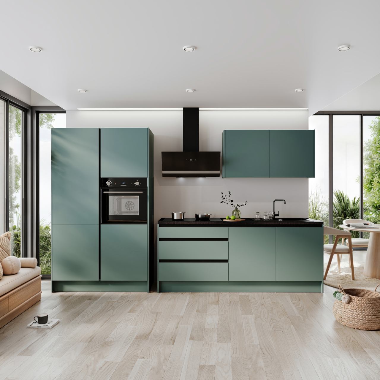 Moderne Küchenzeile in grüner Farbe, ohne Elektrogeräte, mit Blick von vorne. Enthält Schränke, Schubladen und eine Arbeitsplatte mit Spüle.