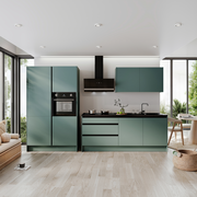 Moderne Küchenzeile in grüner Farbe, ohne Elektrogeräte, mit Blick von vorne. Enthält Schränke, Schubladen und eine Arbeitsplatte mit Spüle.