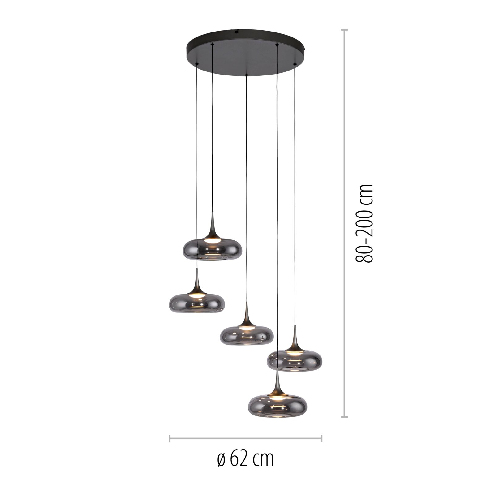 Moderne 5-flammige Pendelleuchte mit rauchgrauen Glas-Schirmen und schwarzer Deckenplatte, höhenverstellbar 80–200 cm, Durchmesser 62 cm, Frontansicht freigestellt auf weißem Hintergrund