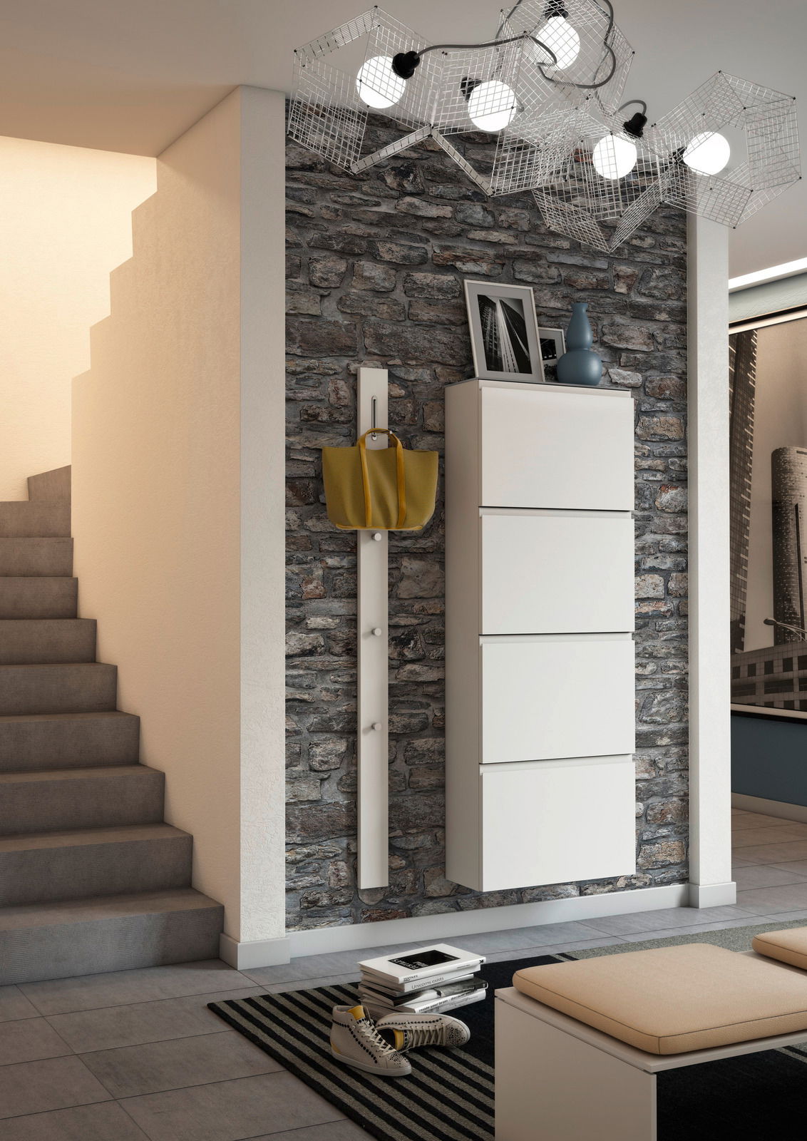 Garderobenpaneel-Leiste in einem modernen Flur, seitliche Perspektive, montiert an einer Steinwand, mit einer gelben Tasche daran hängend.