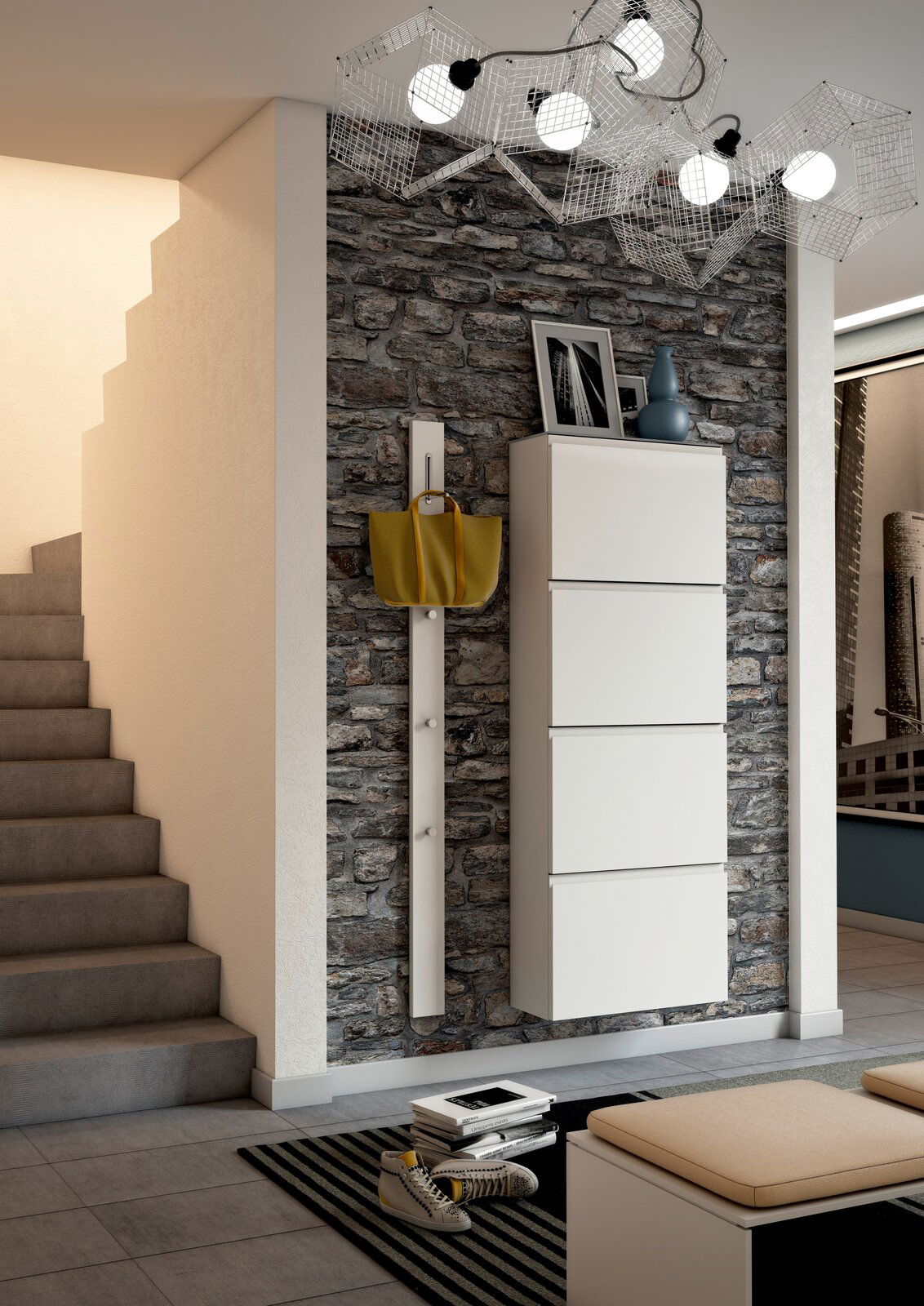 Moderano Garderobenpaneel-Leiste LECCO Garderobenpaneel-Leiste in einem modernen Flur, seitliche Perspektive, montiert an einer Steinwand, mit einer gelben Tasche daran hängend.