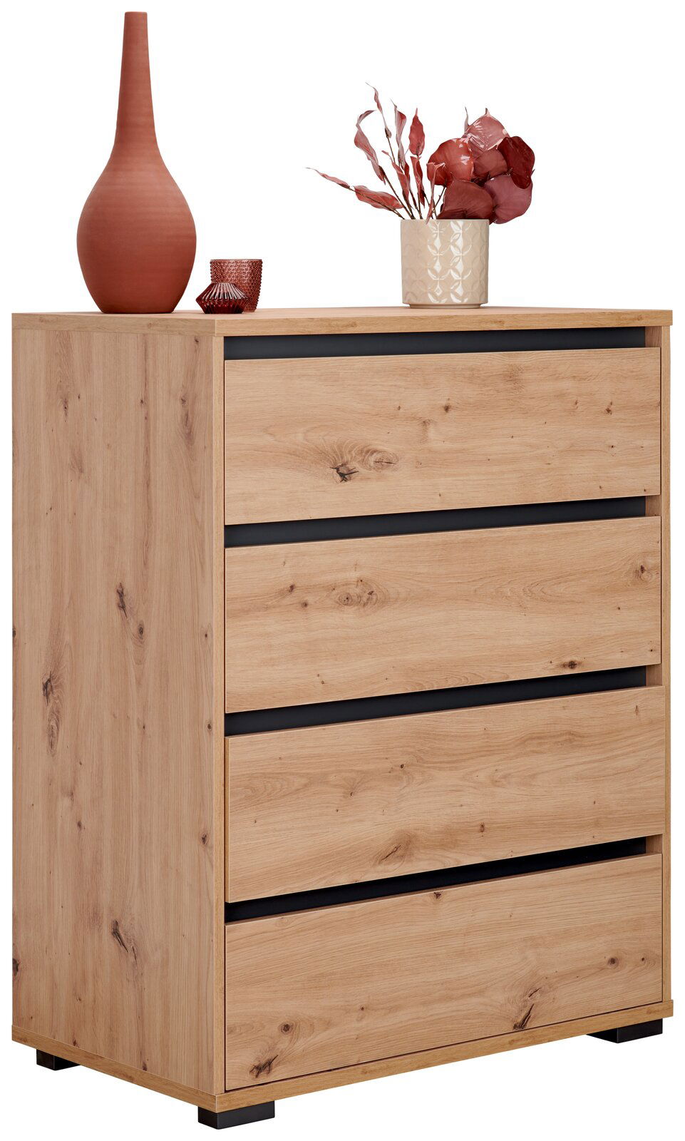 Carryhome Hochkommode LINE Hochkommode aus Holz mit vier Schubladen, dekoriert mit einer Vase und Pflanzen, seitliche Perspektive