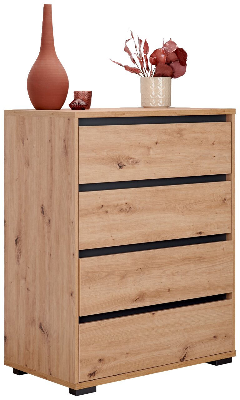Carryhome Hoge ladekast LINE Hochkommode aus Holz mit vier Schubladen, dekoriert mit einer Vase und Pflanzen, seitliche Perspektive