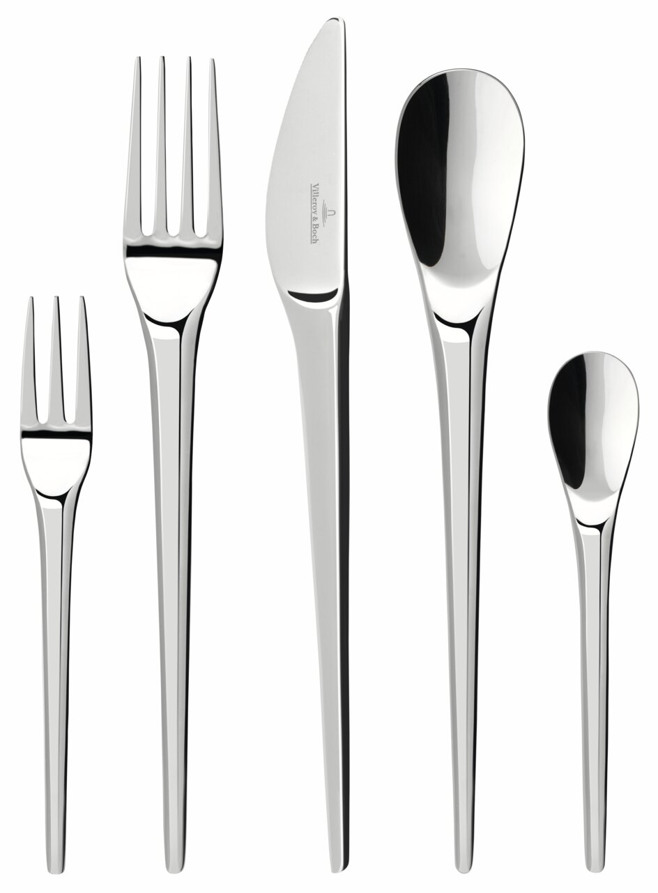 Villeroy & Boch Tafelbesteck 30 tlg. NEW MOON Modernes Tafelbesteck-Set aus Edelstahl, bestehend aus Gabel, Messer, Löffel und Teelöffel, in Frontalansicht.