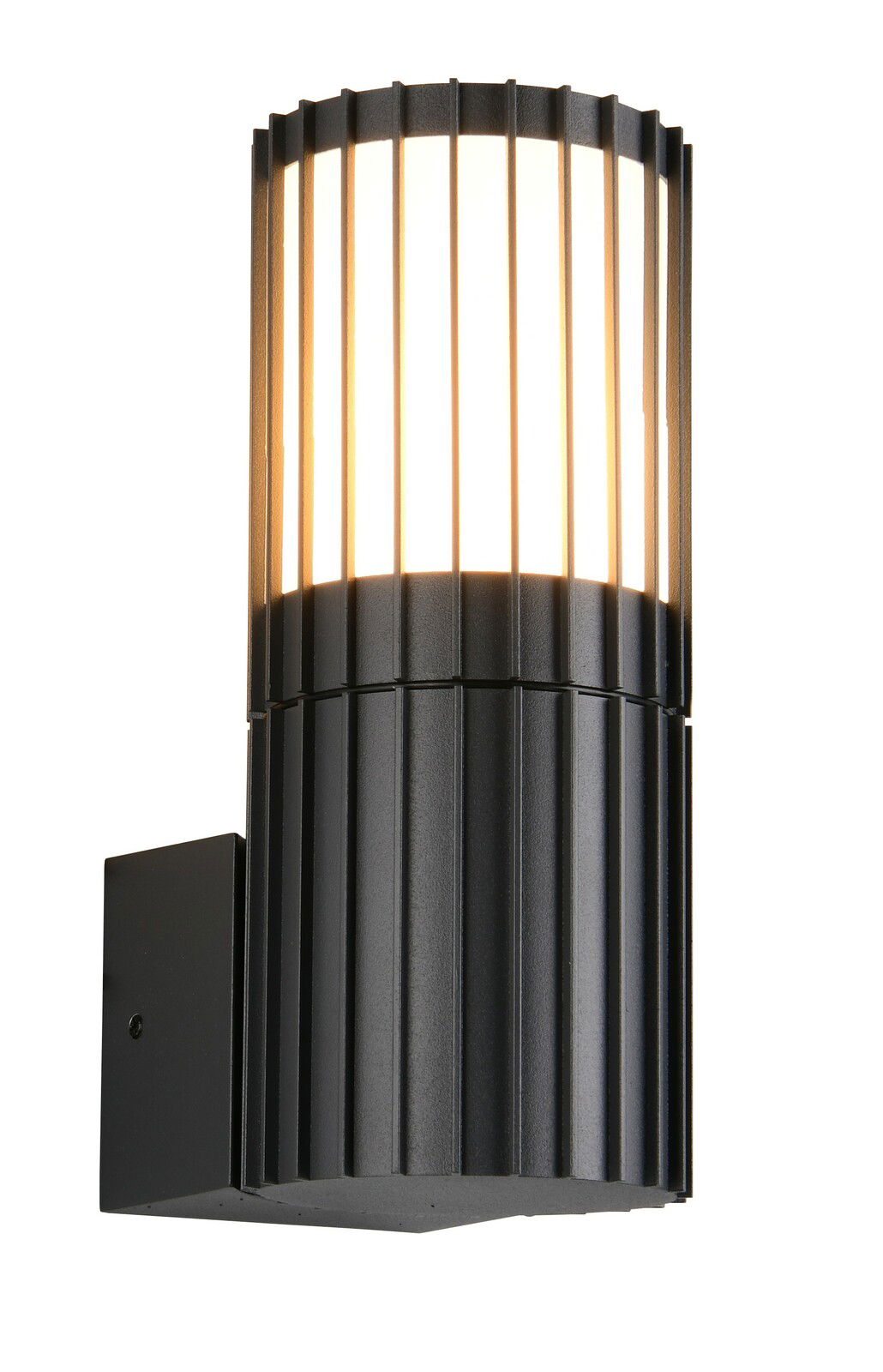 Moderne schwarze Außenwandleuchte mit vertikalen Streben, seitliche Perspektive