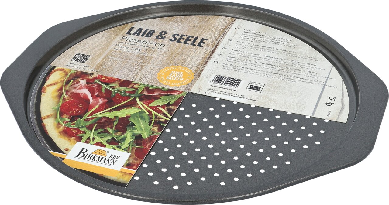 Pizzablech mit Antihaftbeschichtung, Durchmesser 28 cm, von oben fotografiert, zeigt perforierte Oberfläche und Verpackung mit Pizzabild.