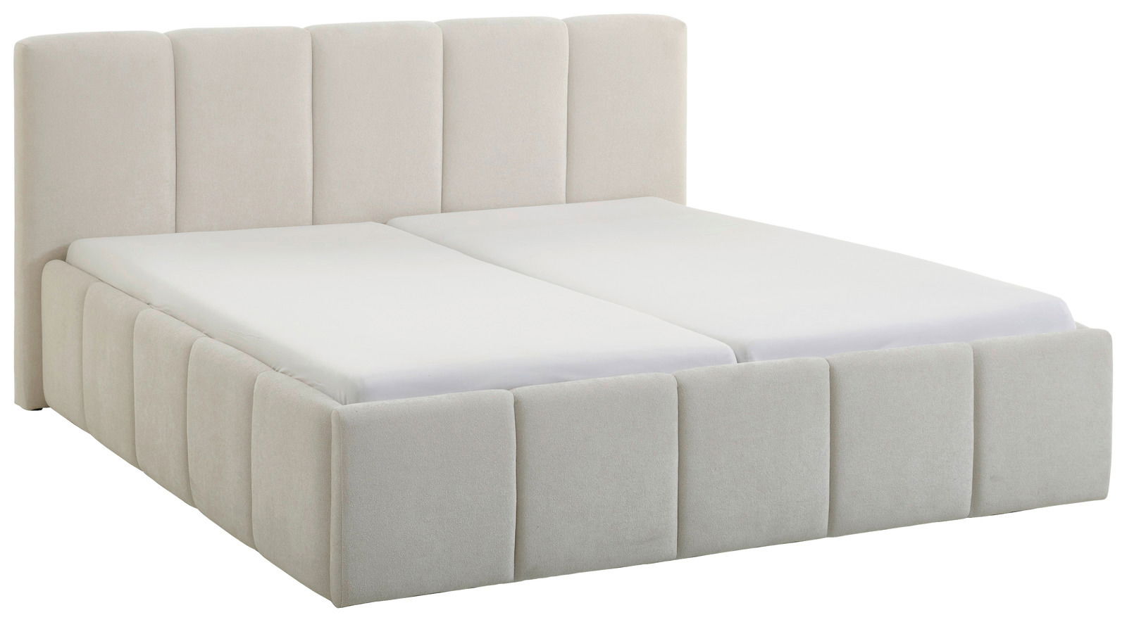 Beiges Polsterbett mit hohem Kopfteil, seitliche Perspektive