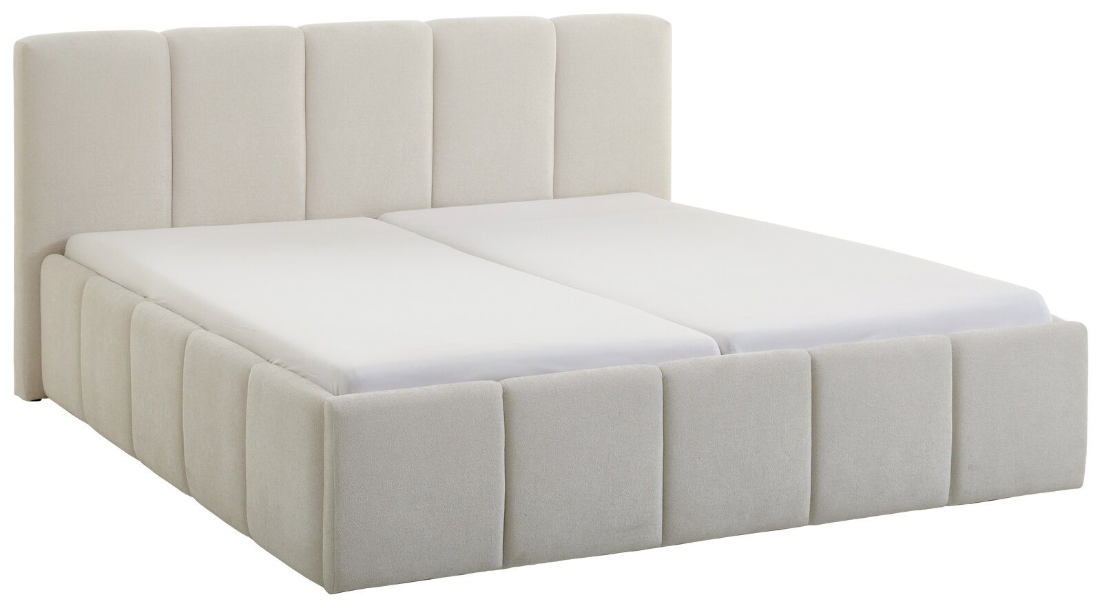 Beiges Polsterbett mit hohem Kopfteil, seitliche Perspektive