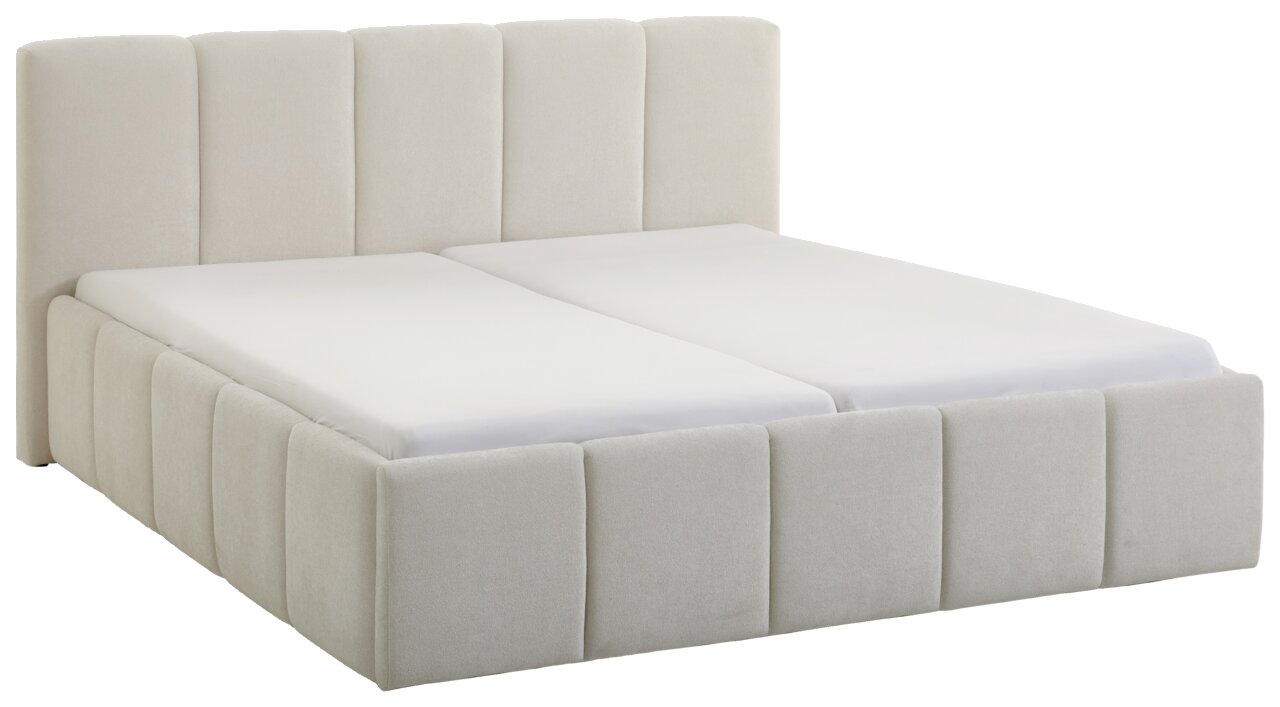 Beiges Polsterbett mit hohem Kopfteil, seitliche Perspektive