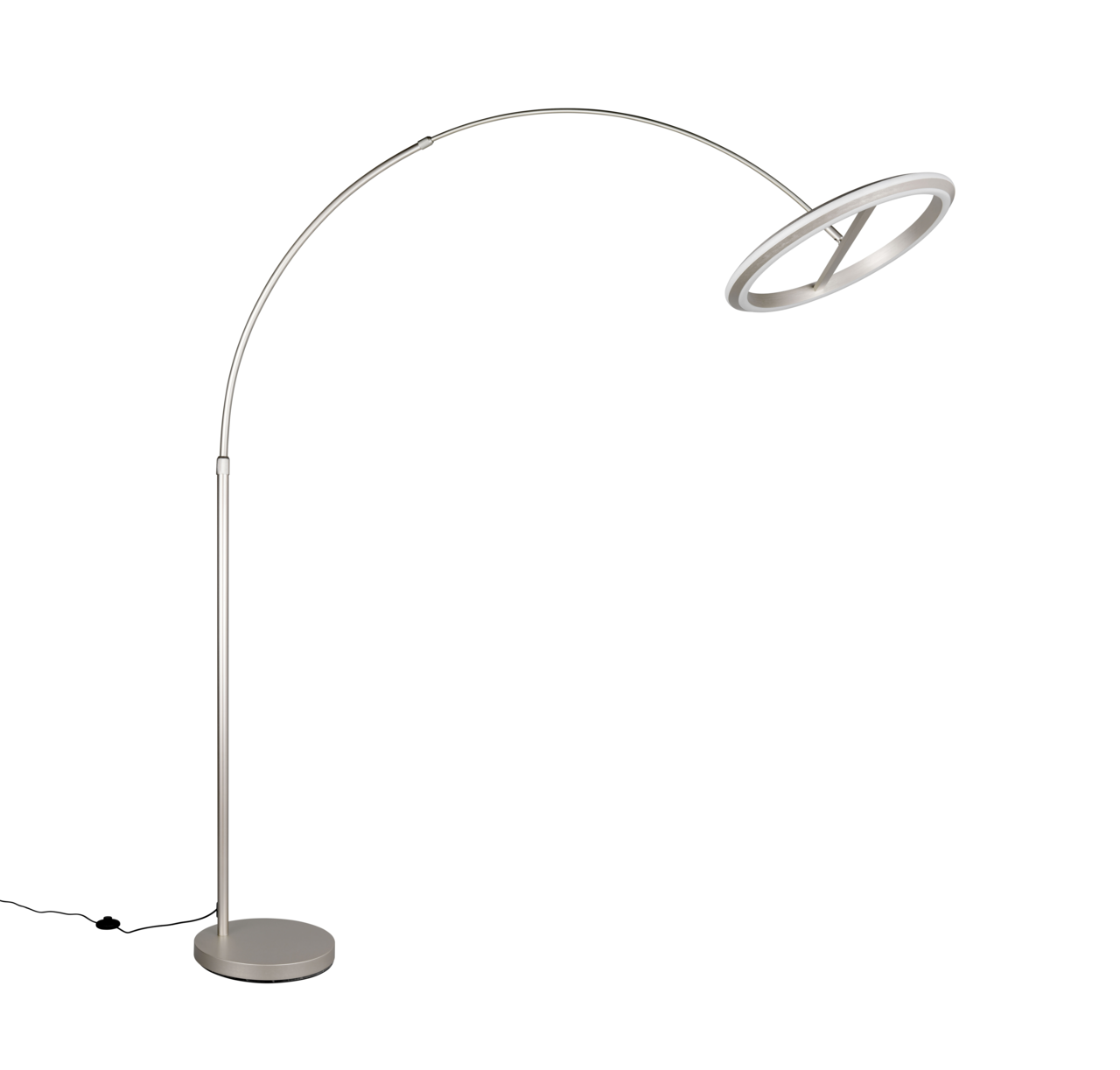 Moderne LED-Bogenleuchte in seitlicher Perspektive mit rundem Sockel und gebogenem Arm.
