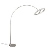 Moderne LED-Bogenleuchte in seitlicher Perspektive mit rundem Sockel und gebogenem Arm.