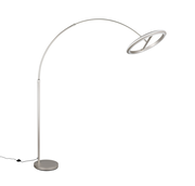 Moderne LED-Bogenleuchte in seitlicher Perspektive mit rundem Sockel und gebogenem Arm.