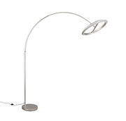 Moderne LED-Bogenleuchte in seitlicher Perspektive mit rundem Sockel und gebogenem Arm.