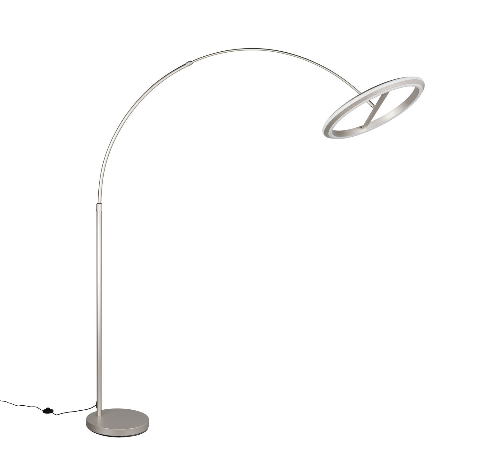Moderne LED-Bogenleuchte in seitlicher Perspektive mit rundem Sockel und gebogenem Arm.