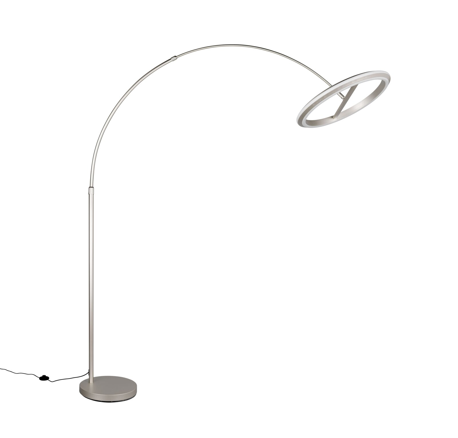 Moderne LED-booglamp in zijaanzicht met ronde voet en gebogen arm.