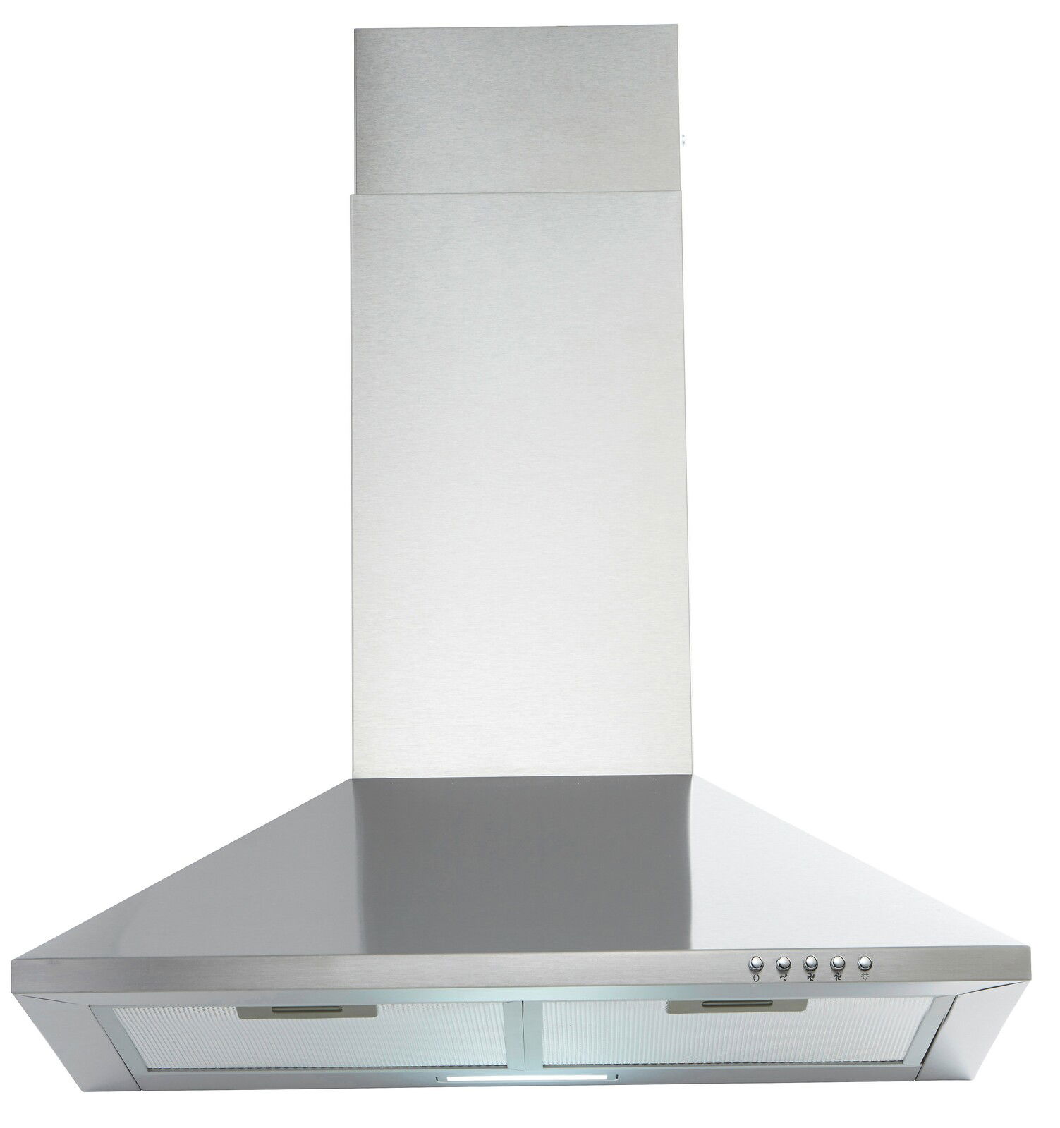 Edelstahl-Dunstabzugshaube, frontale Ansicht, mit Bedienelementen auf der rechten Seite