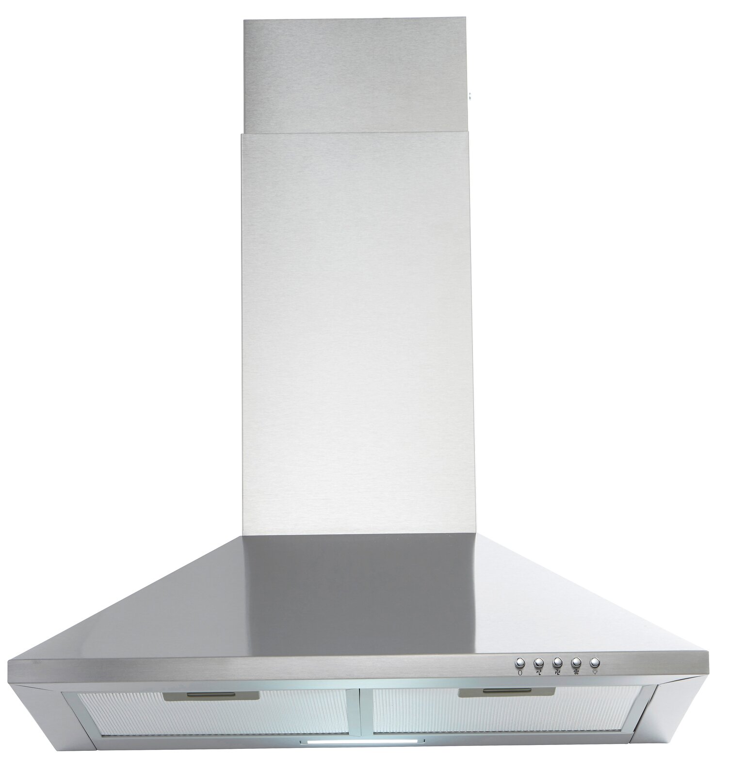 Edelstahl-Dunstabzugshaube, frontale Ansicht, mit Bedienelementen auf der rechten Seite