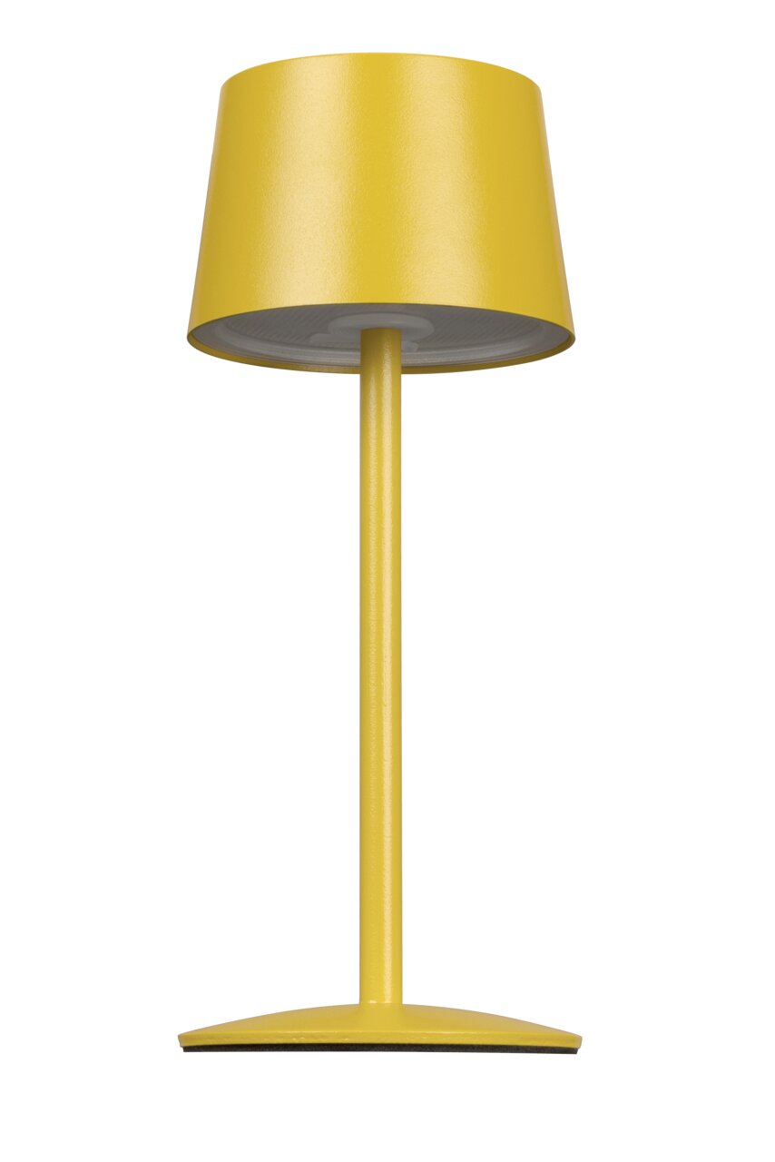 Gele accu-tafellamp in vooraanzicht, met een modern ontwerp en een cilindervormige lampenkap.