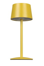 Gelbe Akku-Tischleuchte in Frontalansicht mit modernem Design und zylindrischem Lampenschirm.