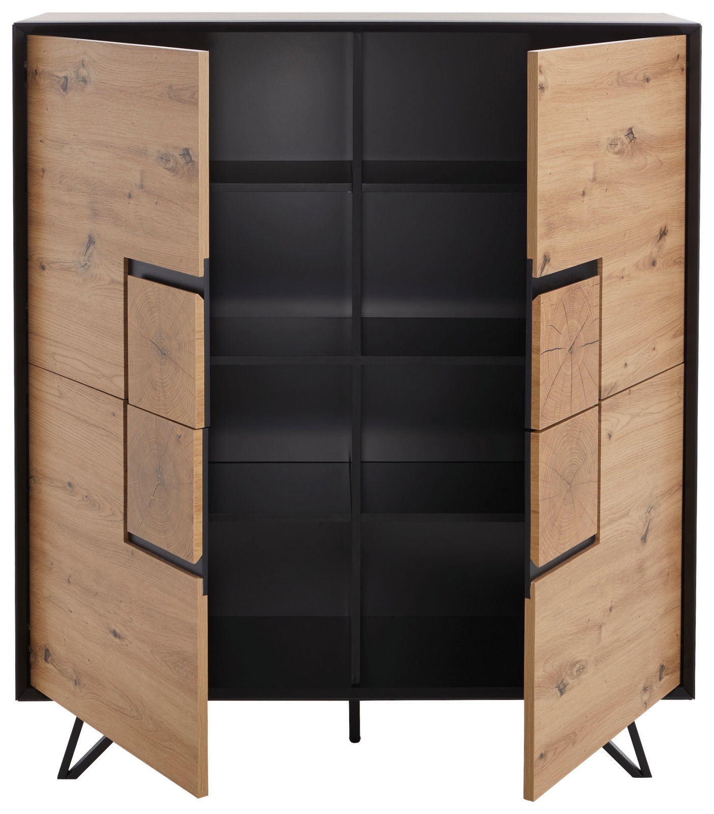Offenes Highboard aus Holz mit schwarzem Innenraum, frontal betrachtet