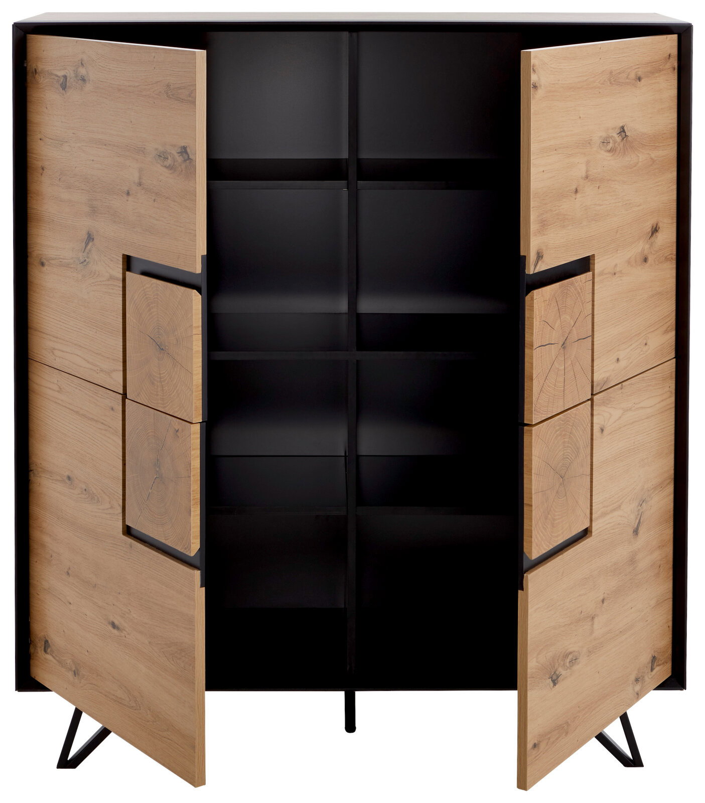 Offenes Highboard aus Holz mit schwarzem Innenraum, frontal betrachtet