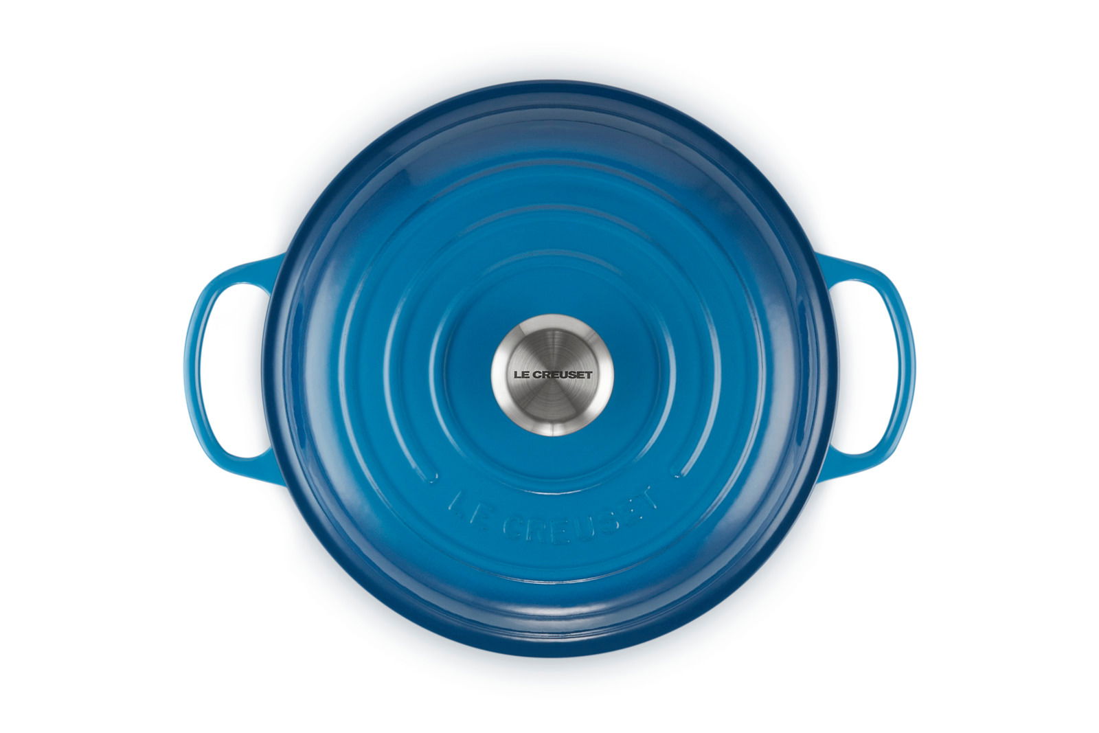 Blaue runde Gusseisen-Kasserolle von oben mit zwei Griffen und Edelstahlknauf, Marke Le Creuset.
