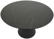 Runder Esstisch mit dunkler, marmorierter Tischplatte und stabiler, zylindrischer Basis, Ansicht von oben.