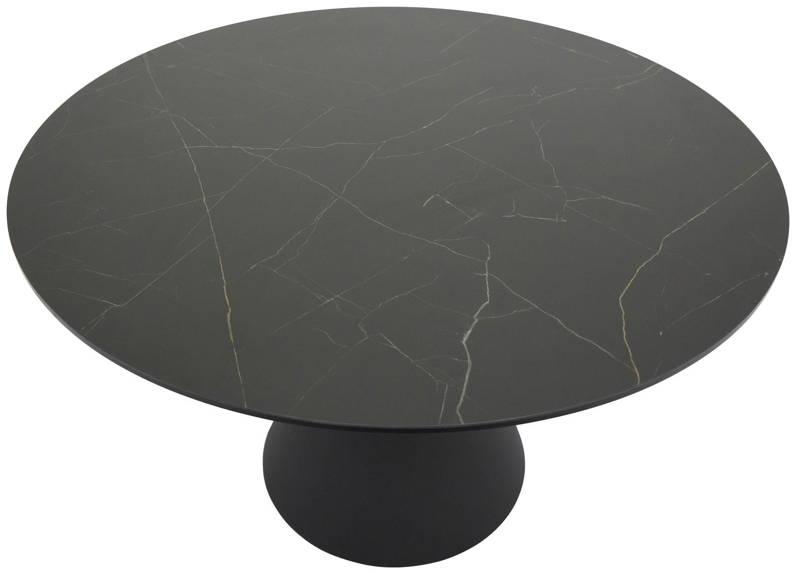 Runder Esstisch mit dunkler, marmorierter Tischplatte und stabiler, zylindrischer Basis, Ansicht von oben.