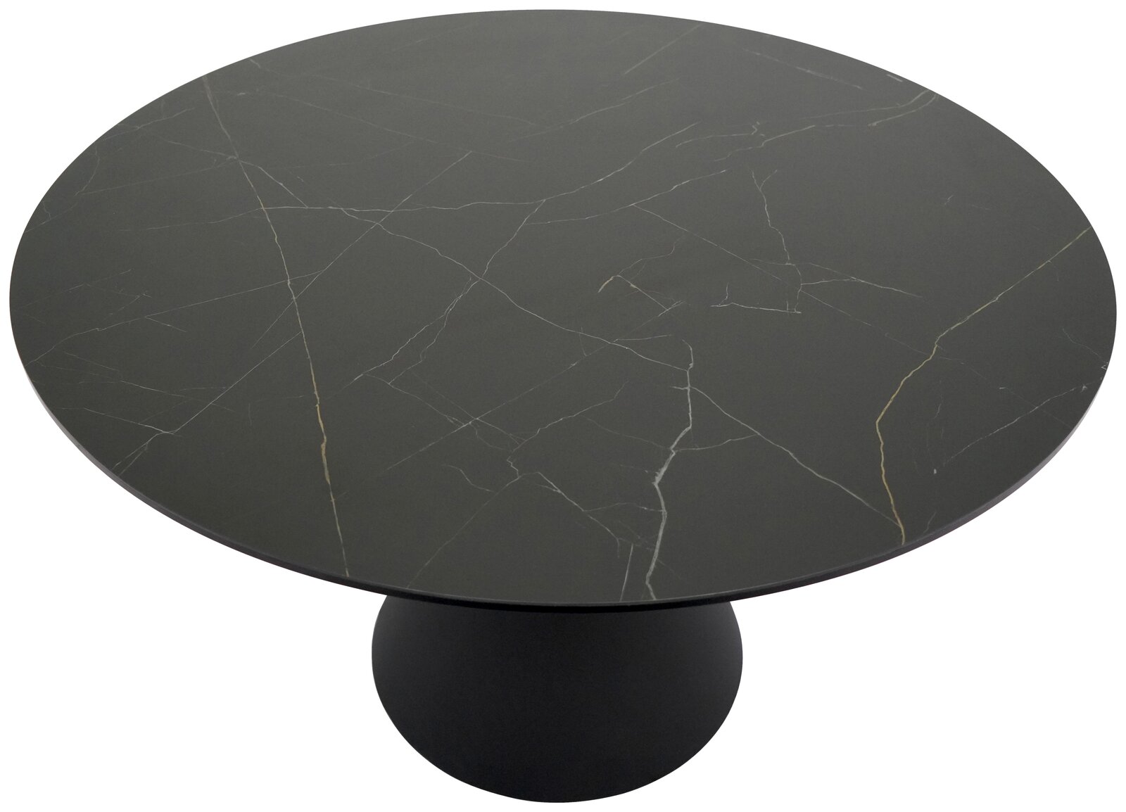 Runder Esstisch mit dunkler, marmorierter Tischplatte und stabiler, zylindrischer Basis, Ansicht von oben.