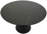 Runder Esstisch mit dunkler, marmorierter Tischplatte und stabiler, zylindrischer Basis, Ansicht von oben.