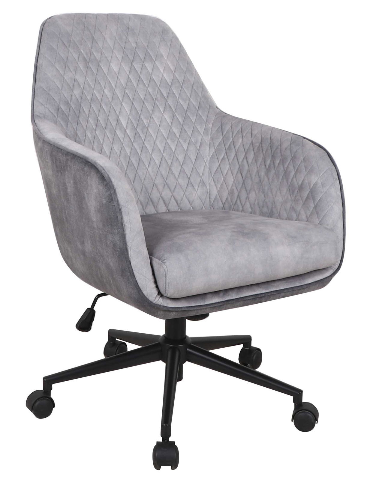 Grauer Drehstuhl mit gestepptem Muster, seitliche Perspektive