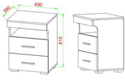 Technische Zeichnung eines weißen Nachttischs mit zwei Schubladen und Griffen, schräg von vorn und von rechts dargestellt, mit Maßangaben 450 × 390 × 610 mm