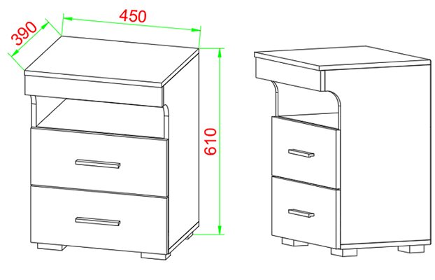 Technische Zeichnung eines weißen Nachttischs mit zwei Schubladen und Griffen, schräg von vorn und von rechts dargestellt, mit Maßangaben 450 × 390 × 610 mm