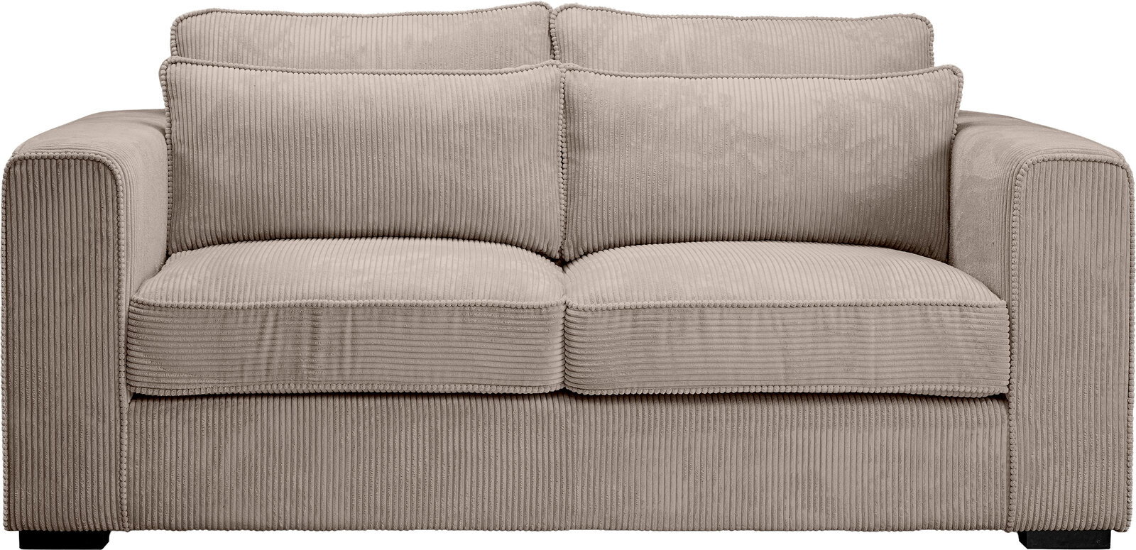 Beiges 2-Sitzer-Sofa mit Cordbezug, breiten Armlehnen und zwei Sitz- sowie Rückenkissen, Frontansicht.