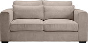 Beiges 2-Sitzer-Sofa mit Cordbezug, breiten Armlehnen und zwei Sitz- sowie Rückenkissen, Frontansicht.