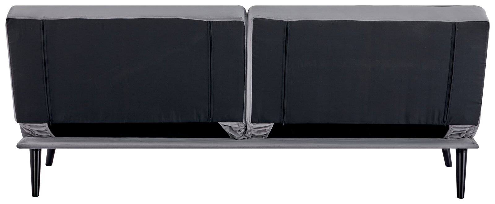 Rückansicht eines Funktionssofas mit schwarzen und grauen Polstern, auf schlanken schwarzen Beinen.
