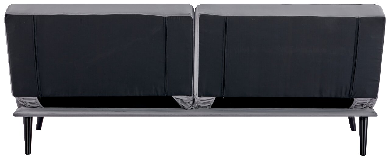 Rückansicht eines Funktionssofas mit schwarzen und grauen Polstern, auf schlanken schwarzen Beinen.
